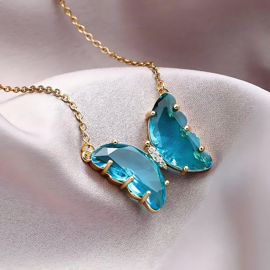 Blue Crystal Butterfly Corner Strapped Pendant Necklace