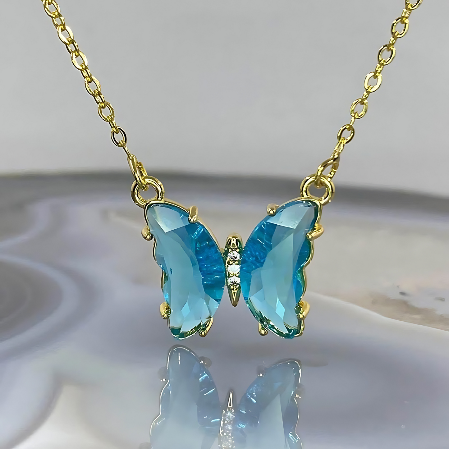 Blue Crystal Butterfly Corner Strapped Pendant Necklace