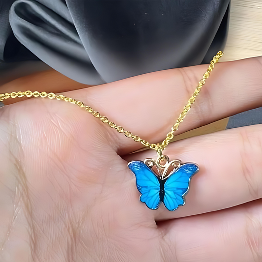 Blue Crystal Butterfly Center Strapped Pendant Necklace