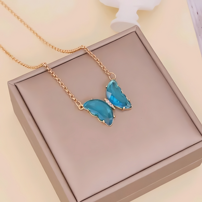 Blue Crystal Butterfly Corner Strapped Pendant Necklace