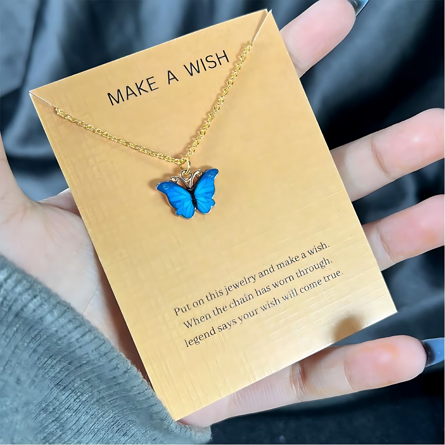 Blue Crystal Butterfly Center Strapped Pendant Necklace