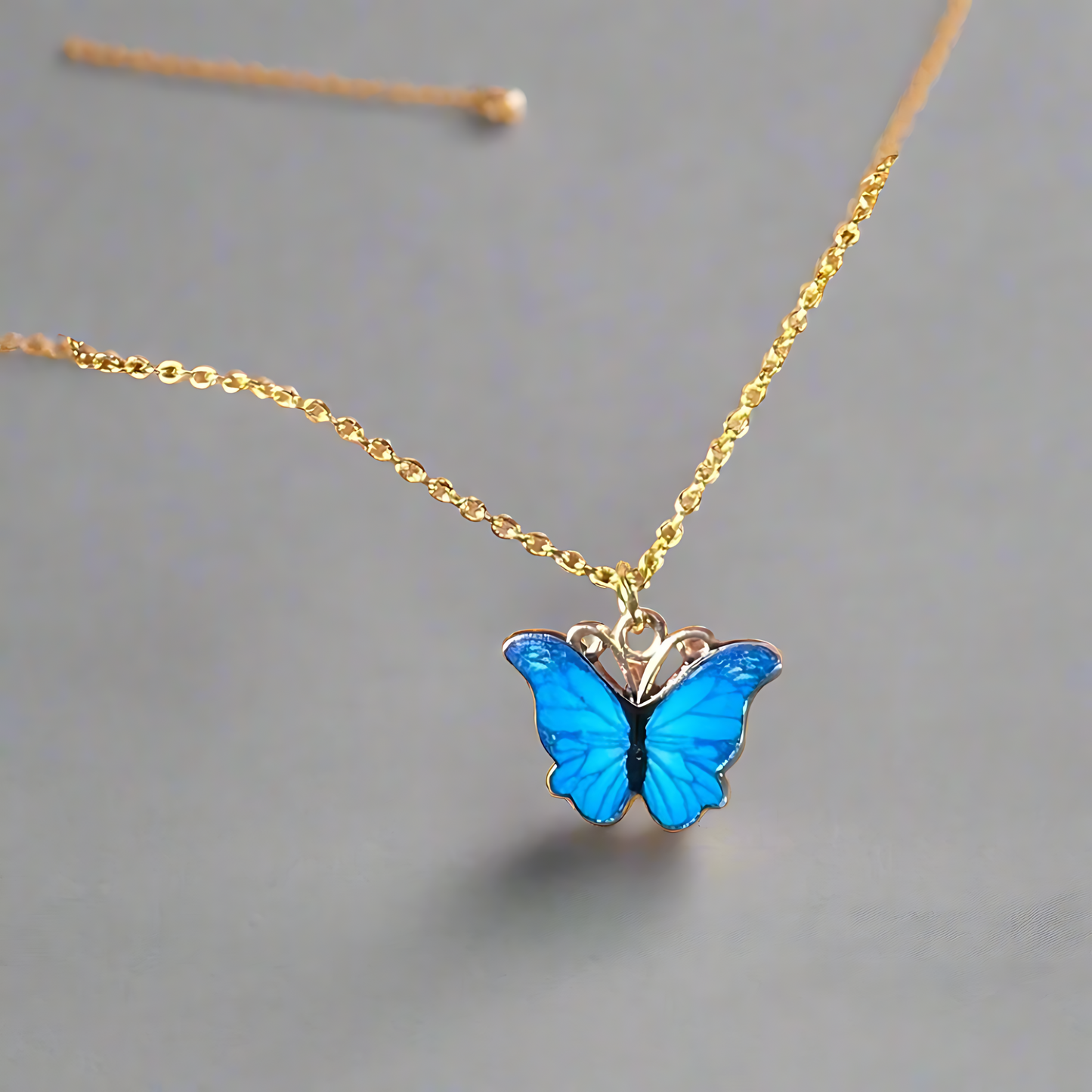 Blue Crystal Butterfly Center Strapped Pendant Necklace